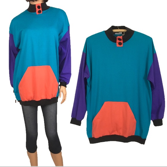 Vintage Tops - Vintage Color Block Top Mock Neck Oversize M/L Blue Purple Orange Button Tunic